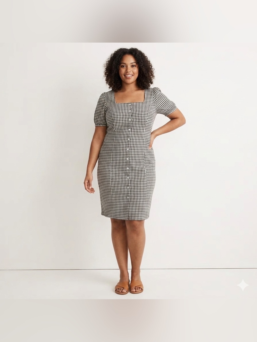 HUSH Black White Gingham Square Neck Puff Sleeve Button Front Dress Size 16
